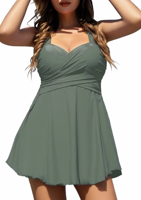 COCOPEAR Women's Elegant Crossover One Piece Swimdress Floral Skirted Swimsuit