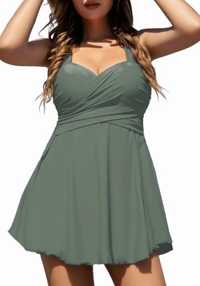 COCOPEAR Women's Elegant Crossover One Piece Swimdress Floral Skirted Swimsuit