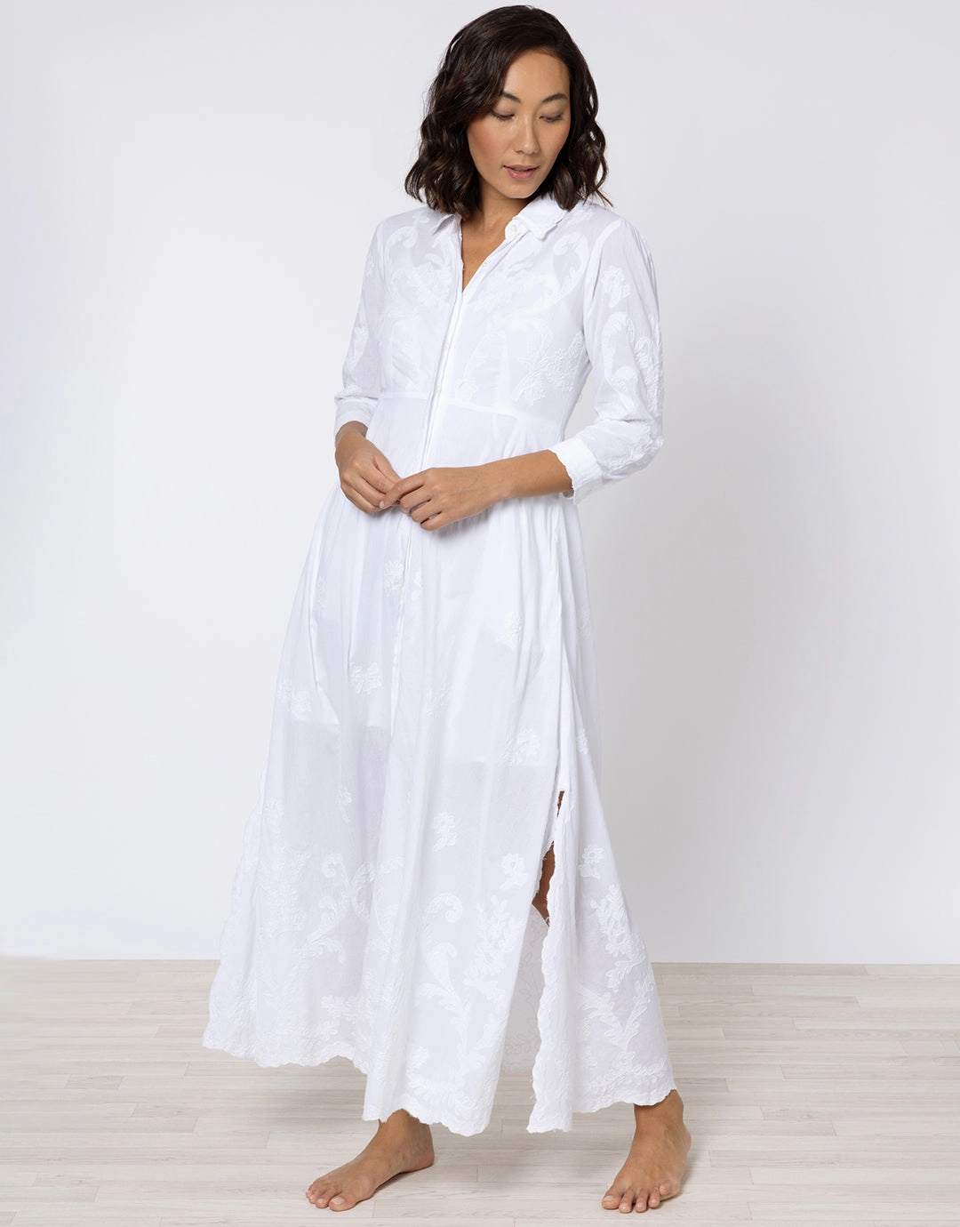 Cotton Maxi Dress with Vintage Embroidery - White