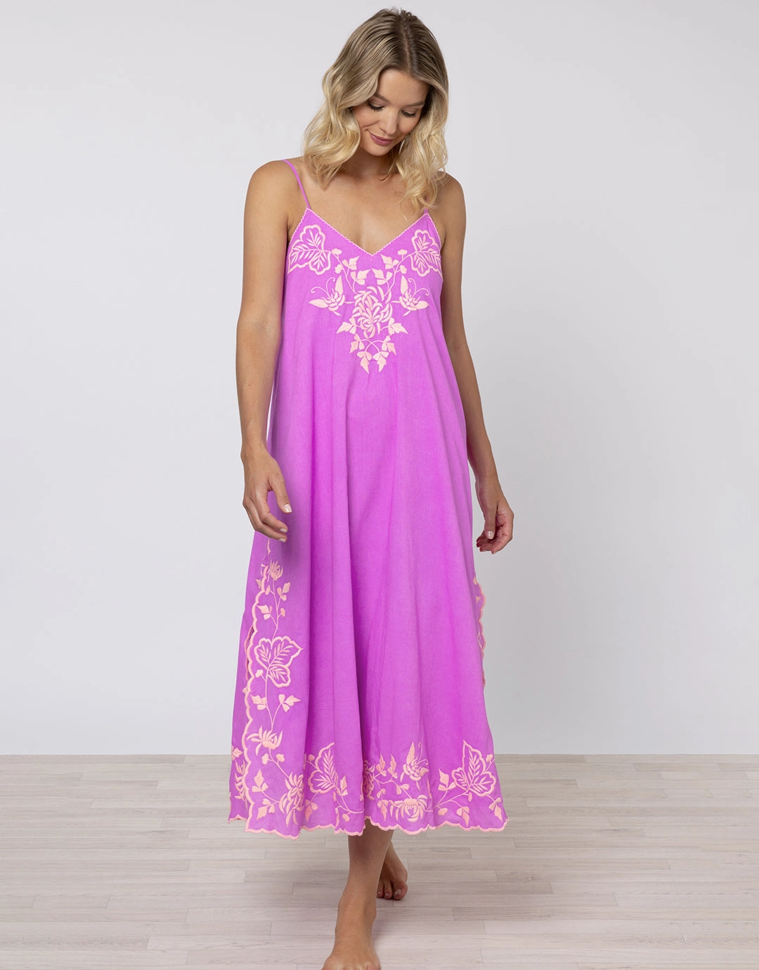 Cotton V-Neck Slip Dress with Butterfly Embroidery - Violet and Neon Peach