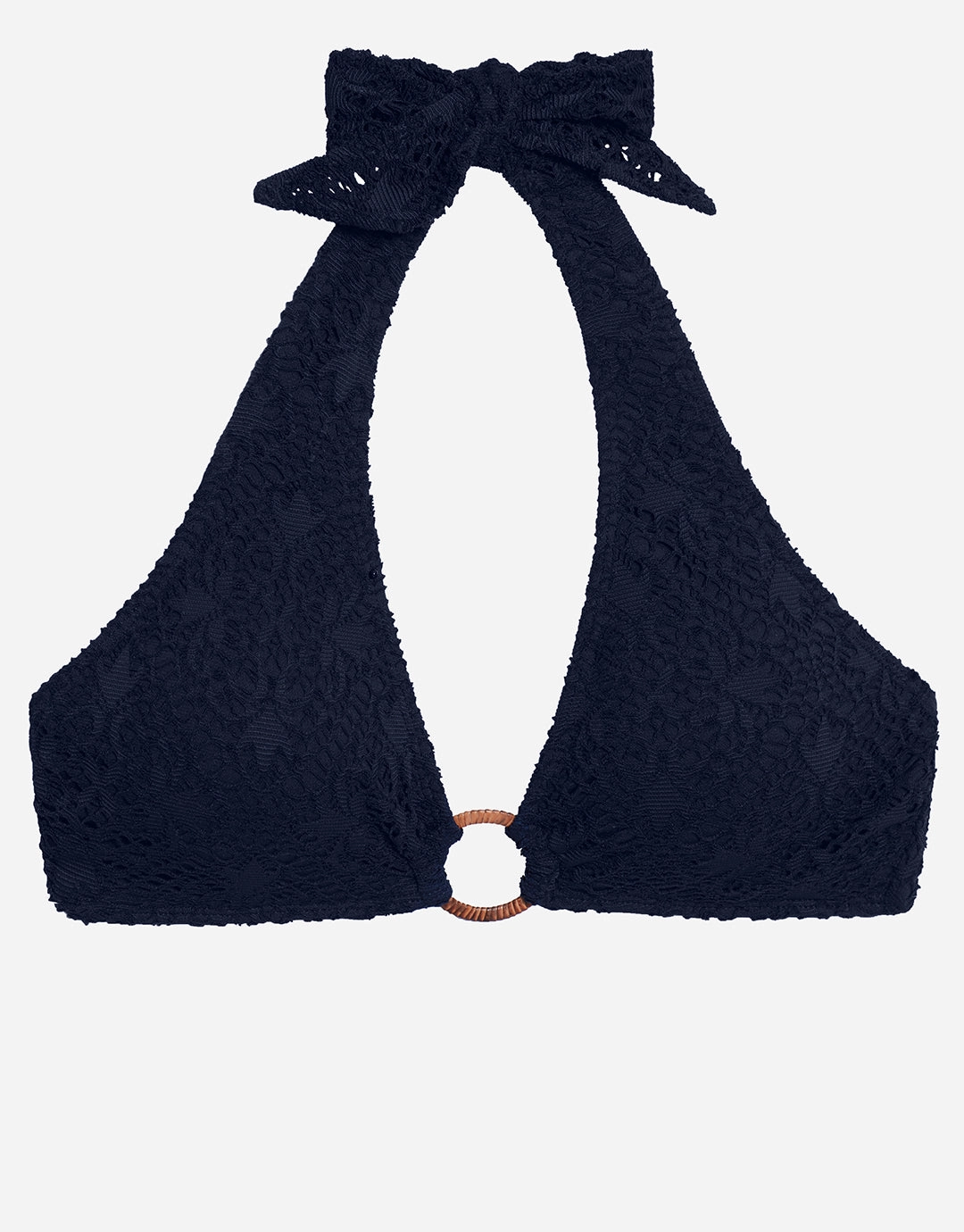 Crochet Rattan Ring Halter Bikini Top - Navy