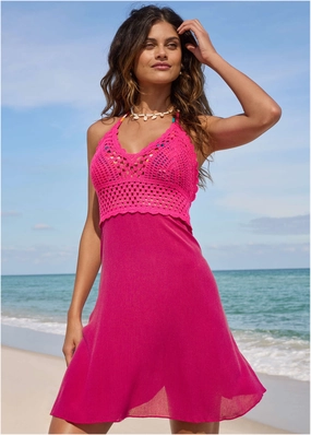Crochet Top Cover-Up Dress - Raspberry