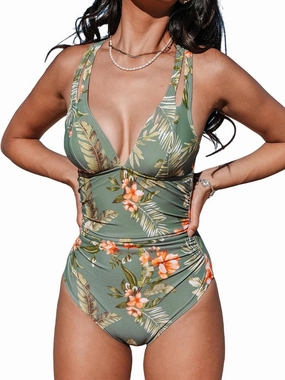 CUPSHE Women's One Piece Swimsuit Tummy Control Deep V Neck Double Straps Crisscross Back Tie Bathing Suit