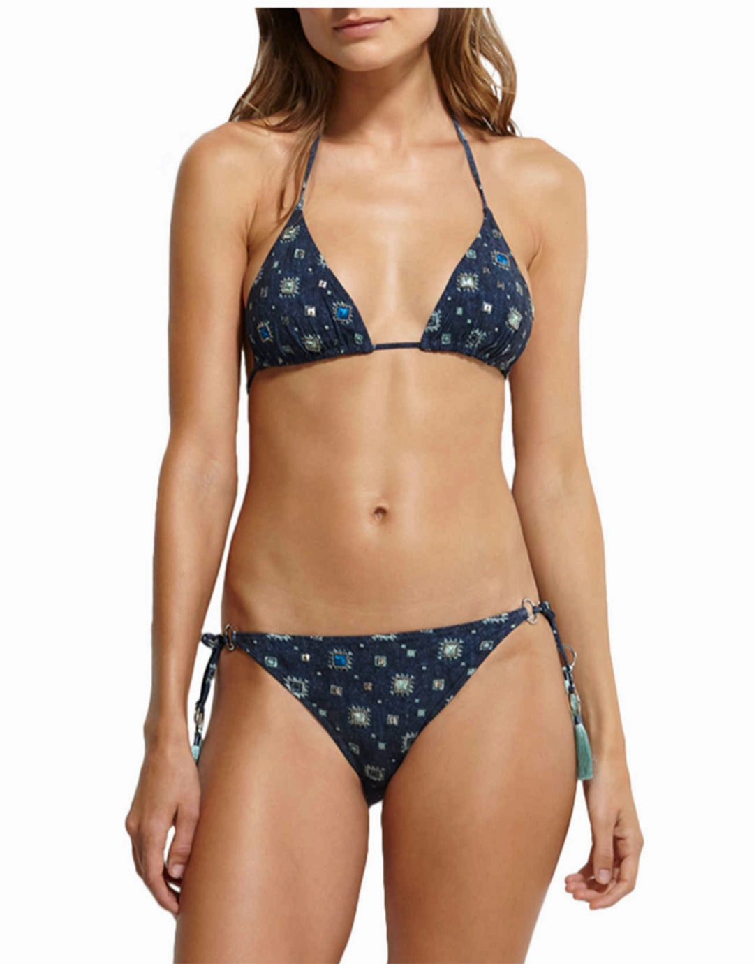 Denim Cues Tassel Tri Bikini Top