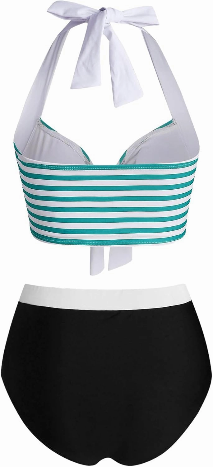 DRESSFO Women's Bikini Set American Flag Halter Two Piece High Waisted Swimsuit Stripe Vintage Tummy Control Bathing Suit