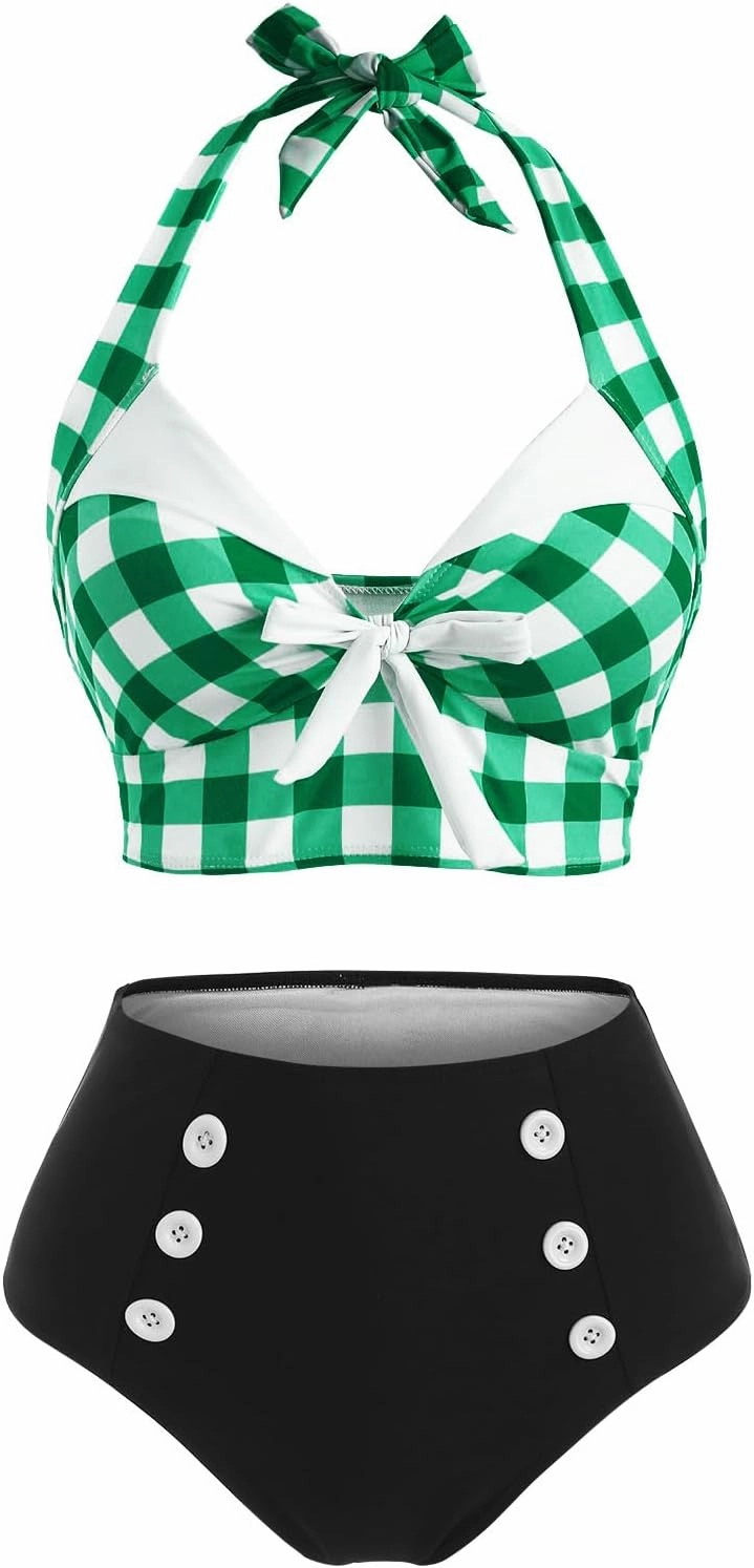 DRESSFO Women's Bikini Set Halter Two Piece High Waisted Swimsuit Plaid Retro Tummy Control Tankini Bathing Suit
