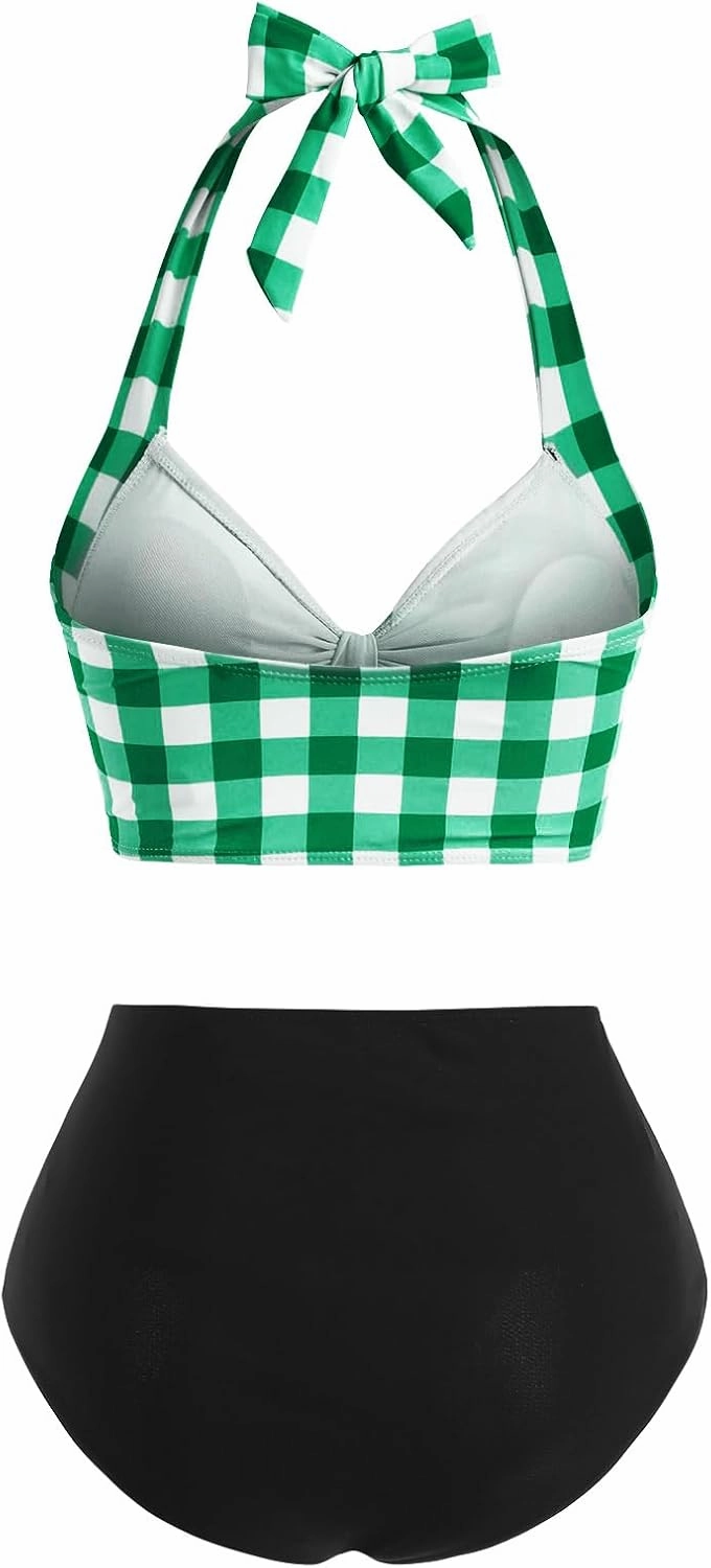 DRESSFO Women's Bikini Set Halter Two Piece High Waisted Swimsuit Plaid Retro Tummy Control Tankini Bathing Suit