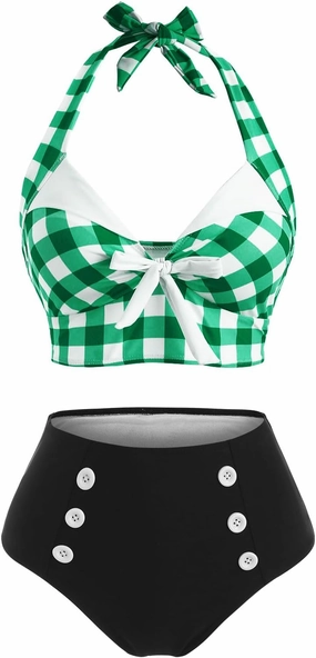 DRESSFO Women's Bikini Set Halter Two Piece High Waisted Swimsuit Plaid Retro Tummy Control Tankini Bathing Suit