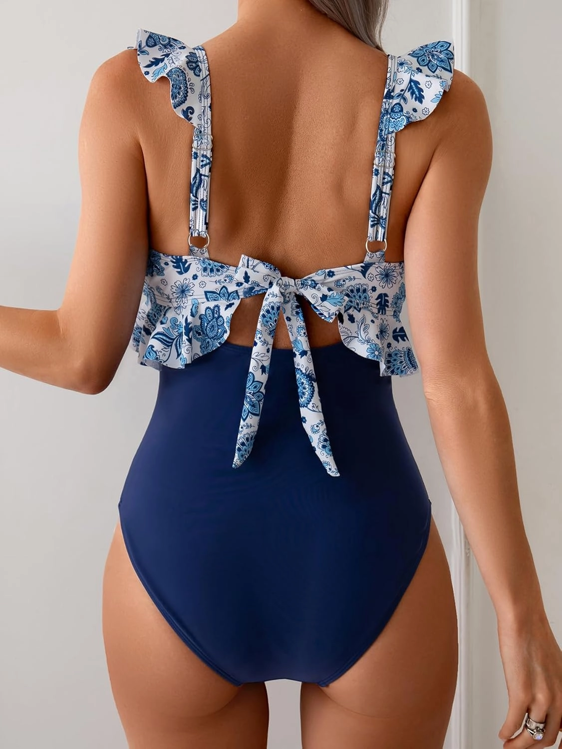 Eomenie One Piece Swimsuit for Women Tummy Control Ruffle Bathing Suit V Neck Ruched Swim Suit Slimming Cutout Swimwear