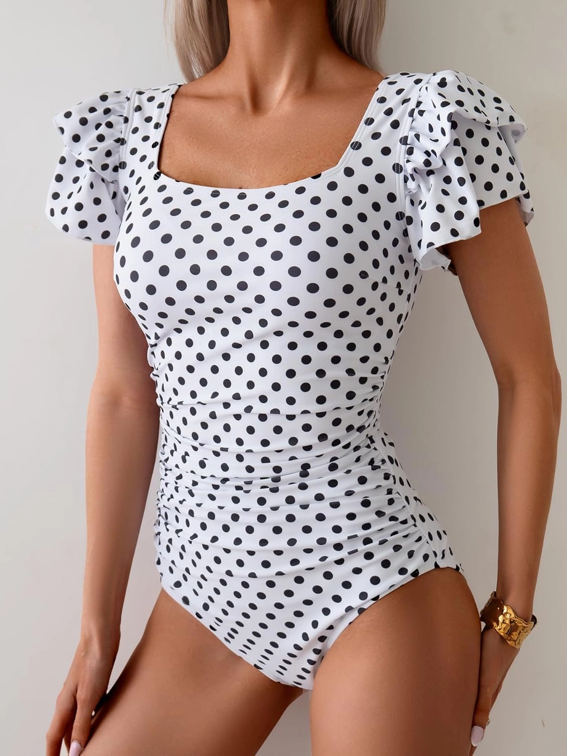Eomenie Women's Tummy Control One Piece Swimsuit Ruffle Square Neck Bathing Suit Ruched Cutout Back Slimming Swimwear