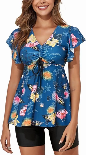 Fanuerg Women's Tankini Swimsuits Ruffled Flowy Tankini Tops with Boy Shorts Swimwear Tummy Control Two Piece Bathing Suits