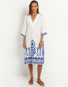 Feathers V Neck Midi Kaftan - White and Blue