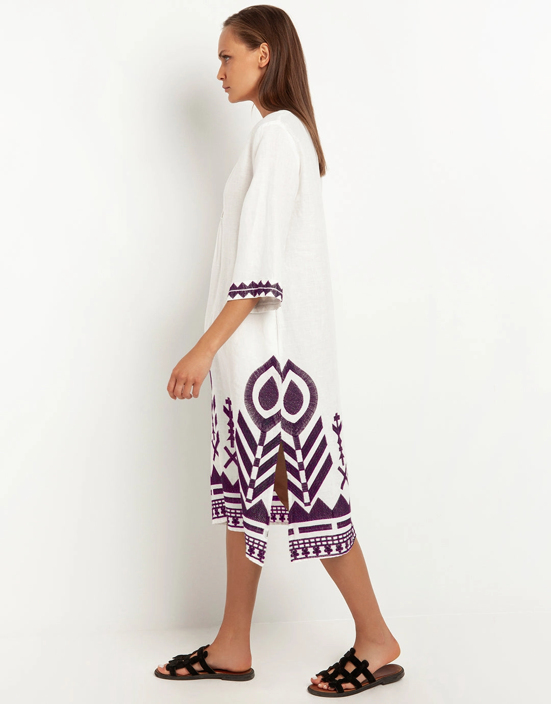 Feathers V Neck Midi Kaftan - White and Plum