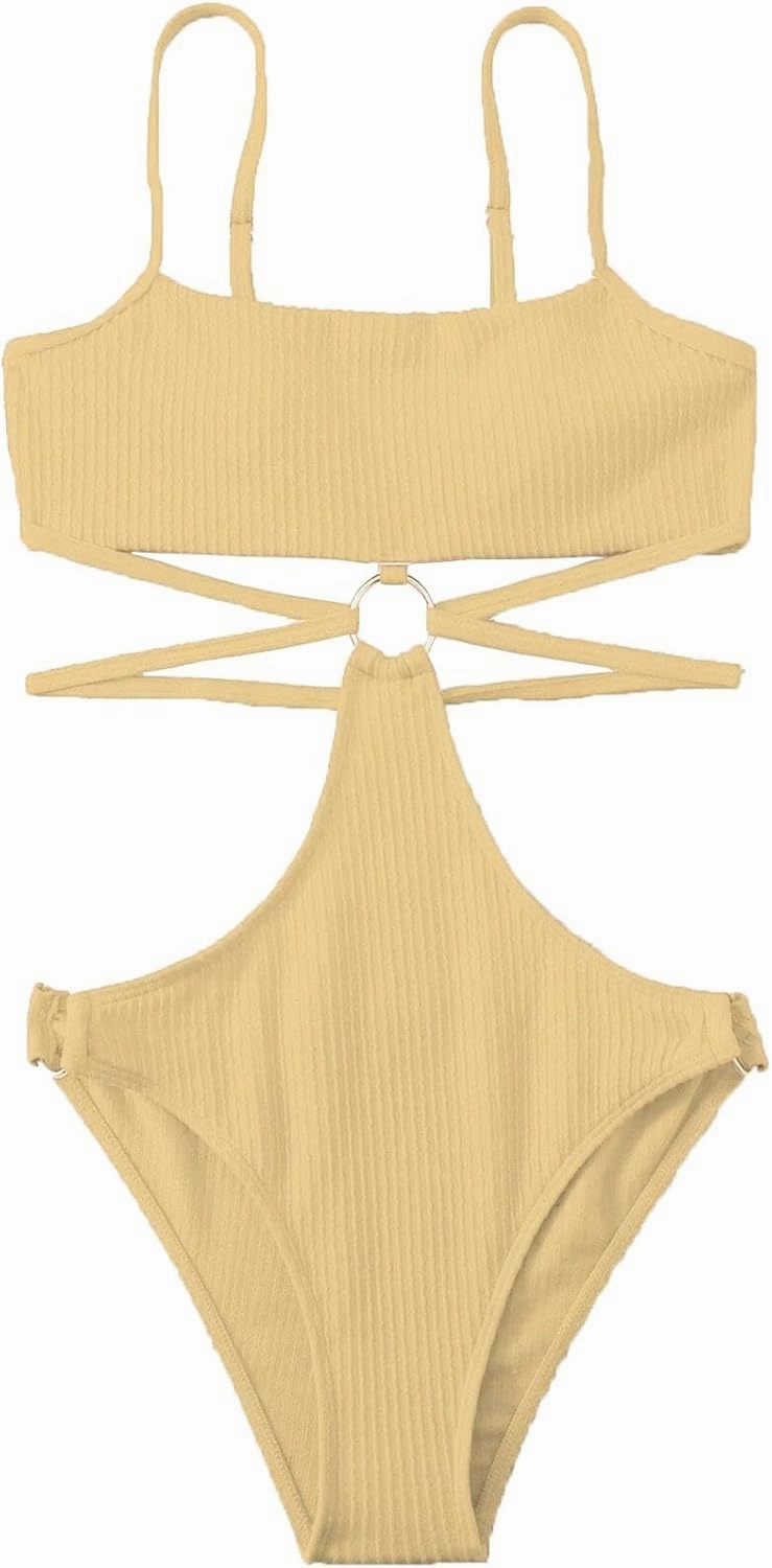 FlatterMe Ring Linked Cut-Out One Piece Swimsuit Scoop Neck Lace Up Back Monokini Bathing Suit