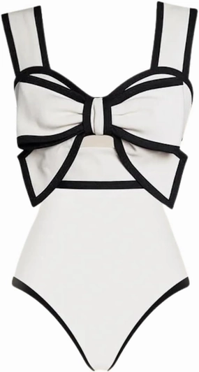 FLAXMAKER Black and White Swimsuit Bow-tie Decor One Piece Bathing Suit
