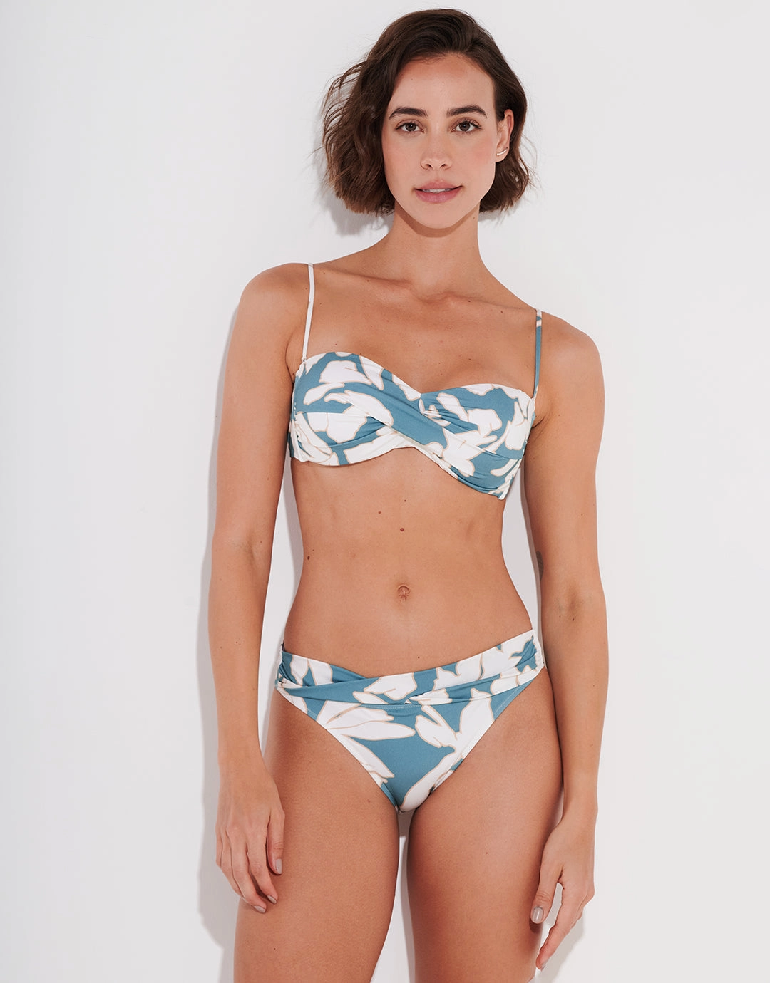 Floral Abstract Twist Bandeau Bikini Top - Puffy Sky