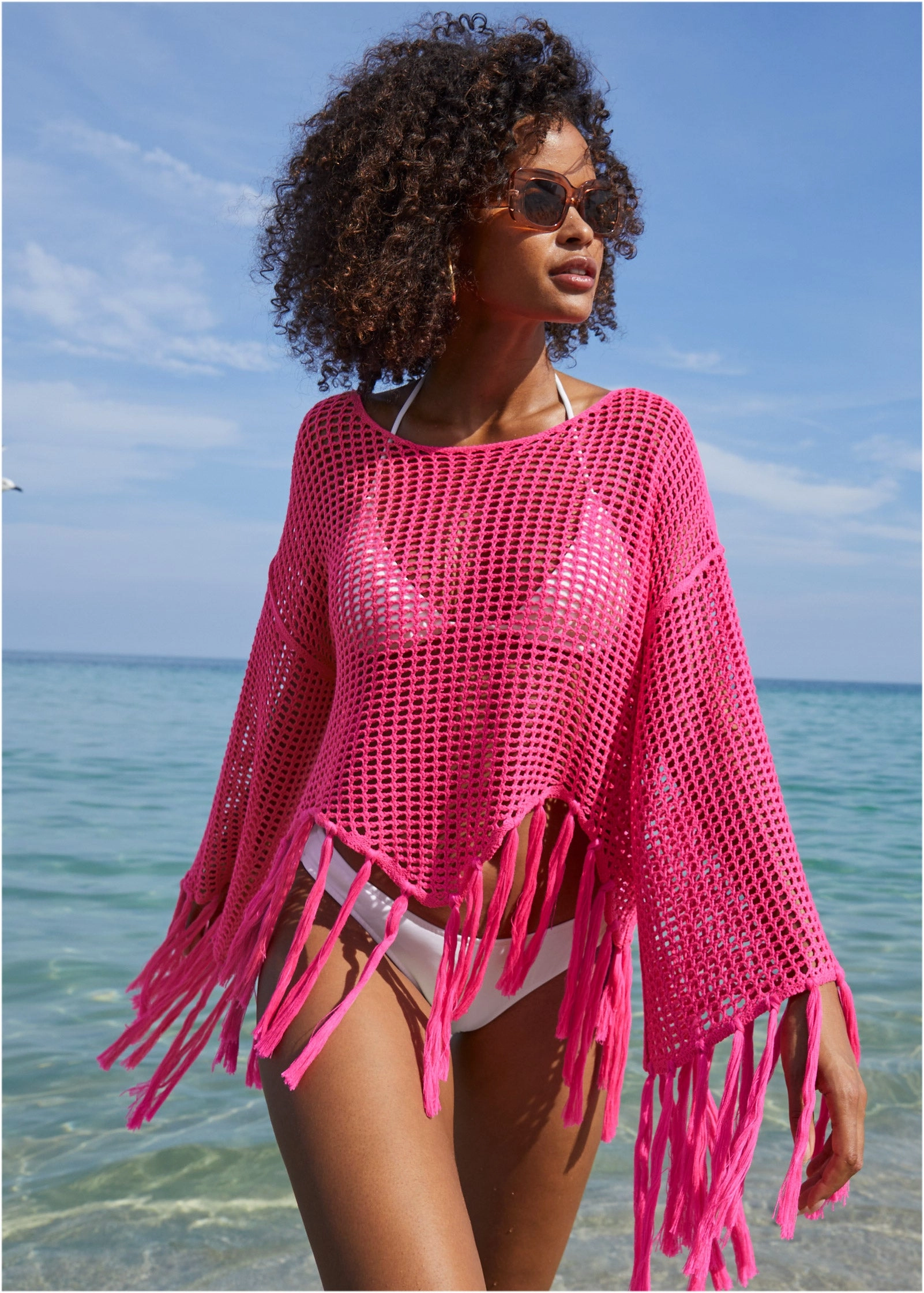 Fringe Crochet Cover-Up - Hot Pink