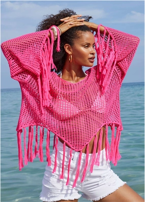 Fringe Crochet Cover-Up - Hot Pink