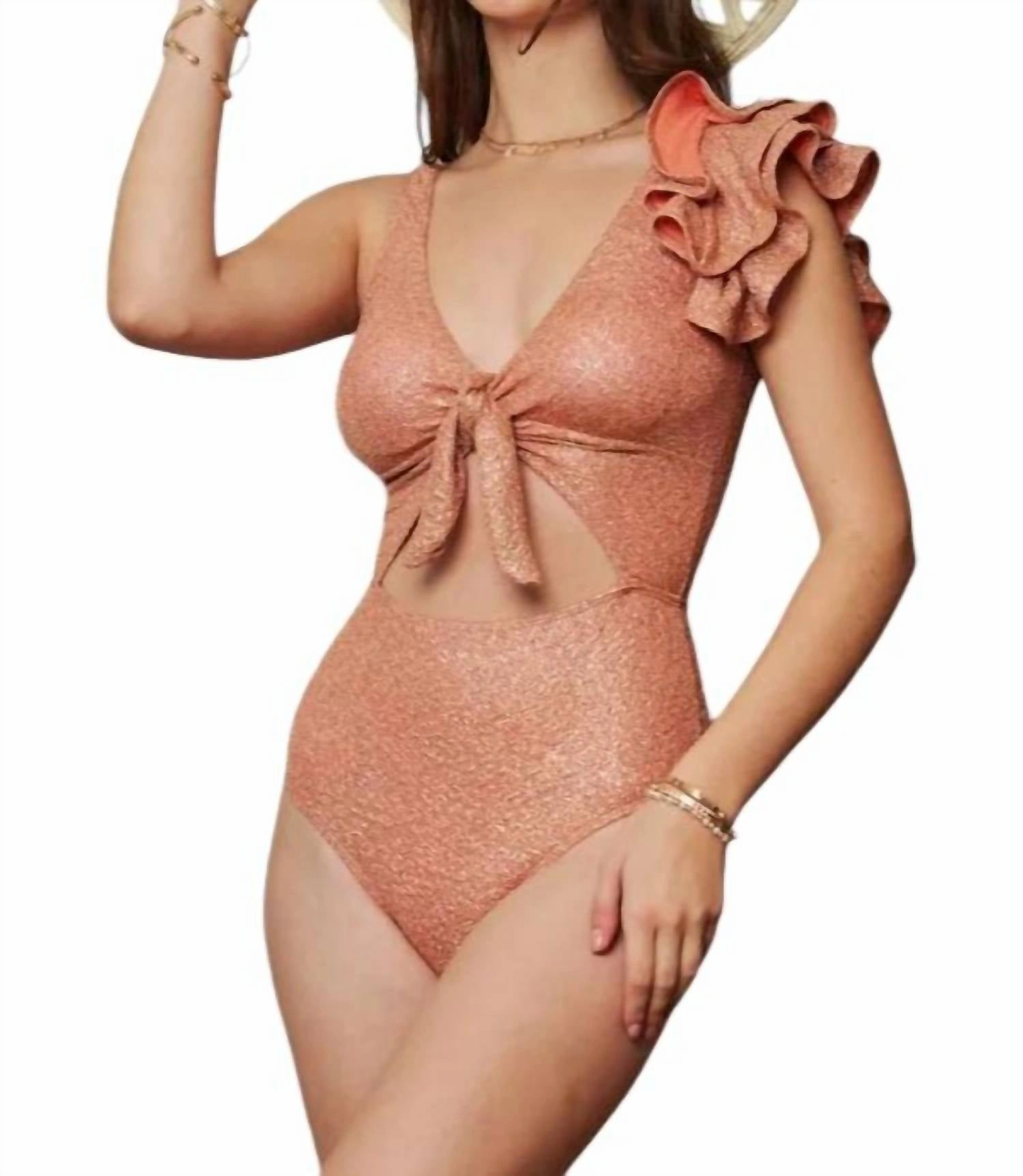 Glitter Cut Off Ruffled Swimsuit In Apricot