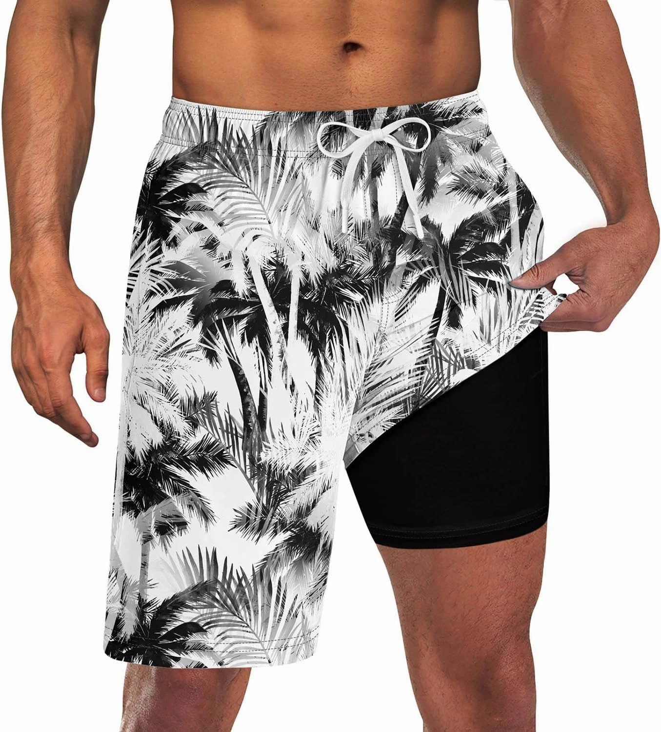 Goodstoworld Men's Funny Swim Trunks with Compression Liner 2 in 1 Quick-Dry 9" Stretch Shorts with Three Pockets