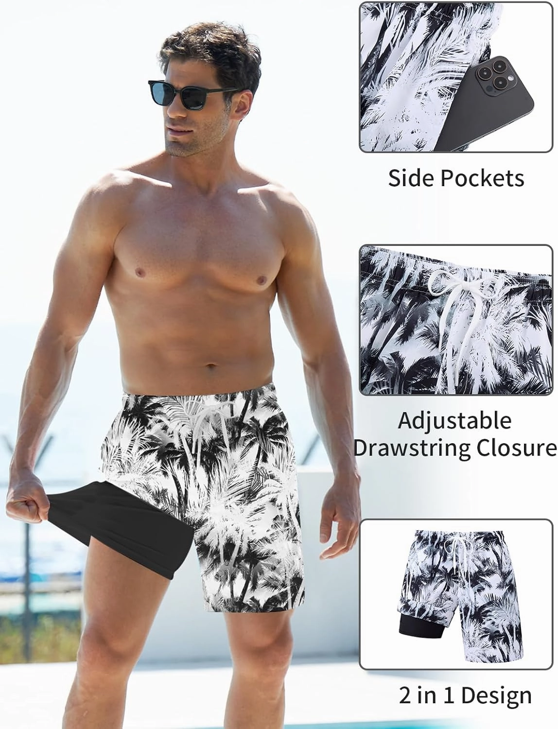 Goodstoworld Men's Funny Swim Trunks with Compression Liner 2 in 1 Quick-Dry 9" Stretch Shorts with Three Pockets