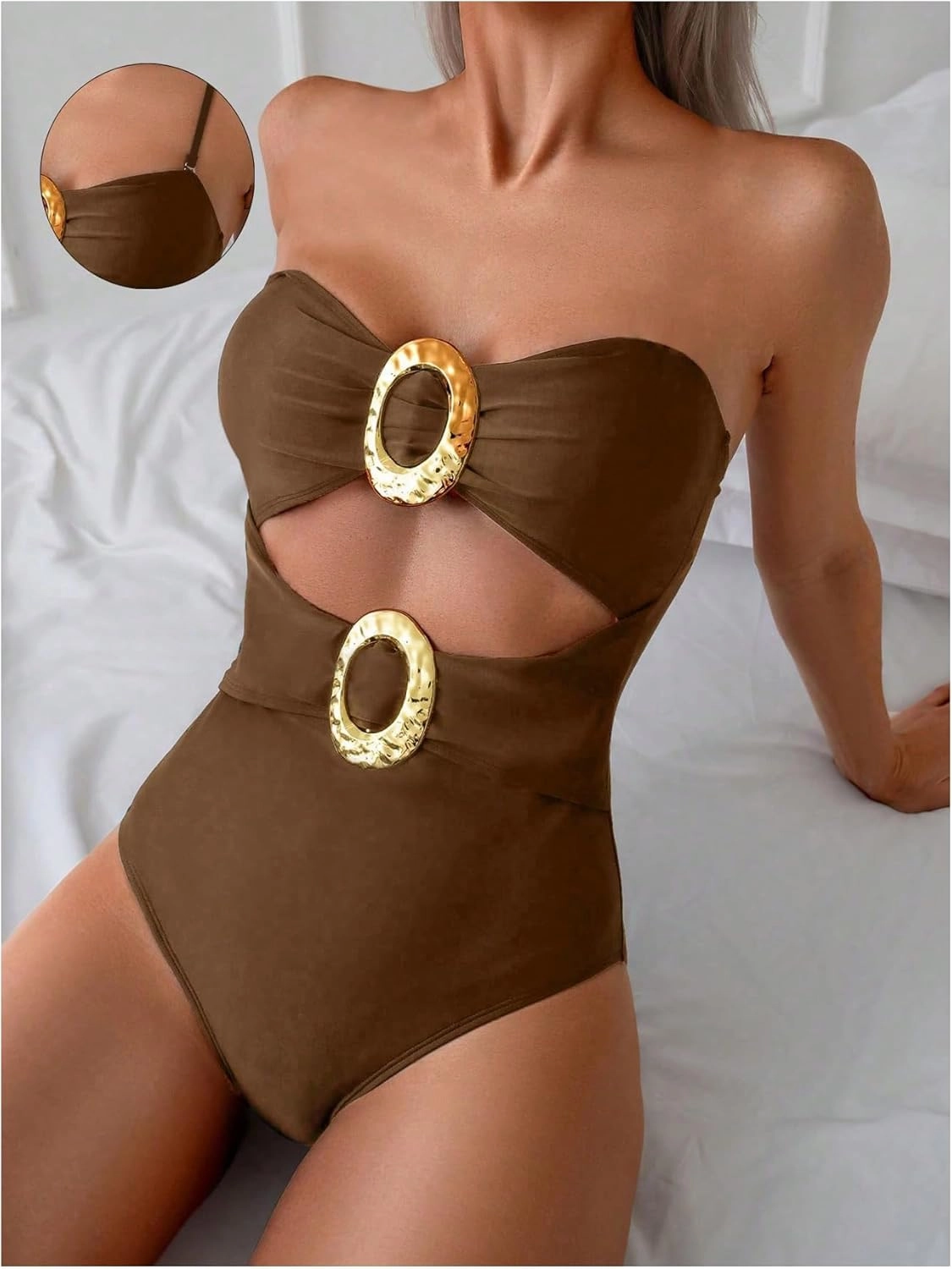 GORGLITTER Women's Strapless Metal One Pieces Swimsuits Modest Tummy Control Bathing Suit Cut Out Bandeau Monokini