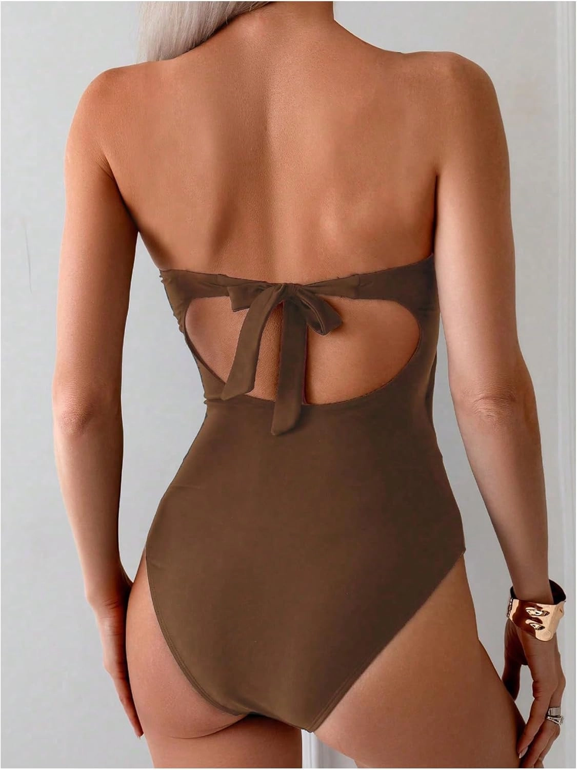 GORGLITTER Women's Strapless Metal One Pieces Swimsuits Modest Tummy Control Bathing Suit Cut Out Bandeau Monokini
