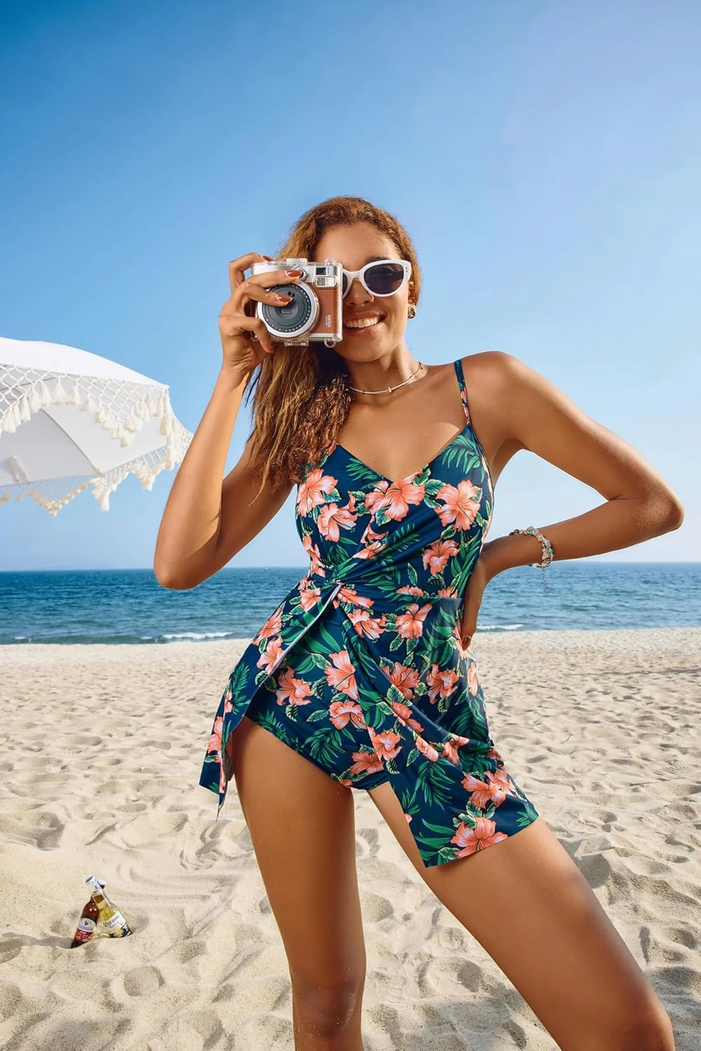 GRACE KARIN Women's One Piece Swim Dress V Neck Tummy Control Swimsuit Vacation Beachwear Bathing Suit