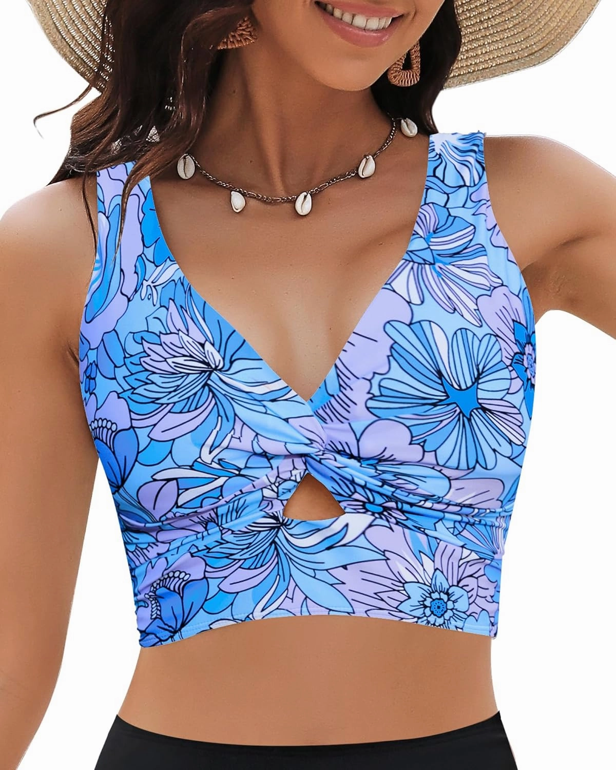 GRAPENT Bikini Tops for Women Cropped Tankini Tops Floral Printed Beach Padded Knot Twist Cut Out Bathing Suit Top Only