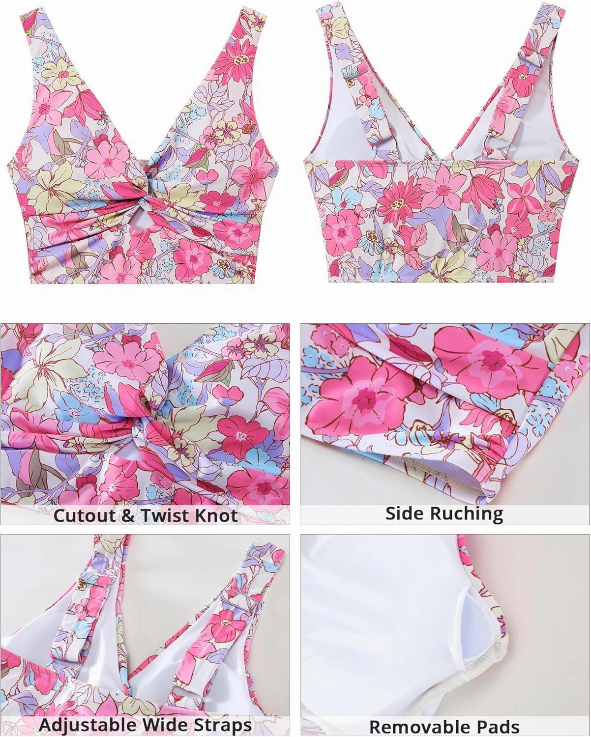 GRAPENT Bikini Tops for Women Cropped Tankini Tops Floral Printed Beach Padded Knot Twist Cut Out Bathing Suit Top Only