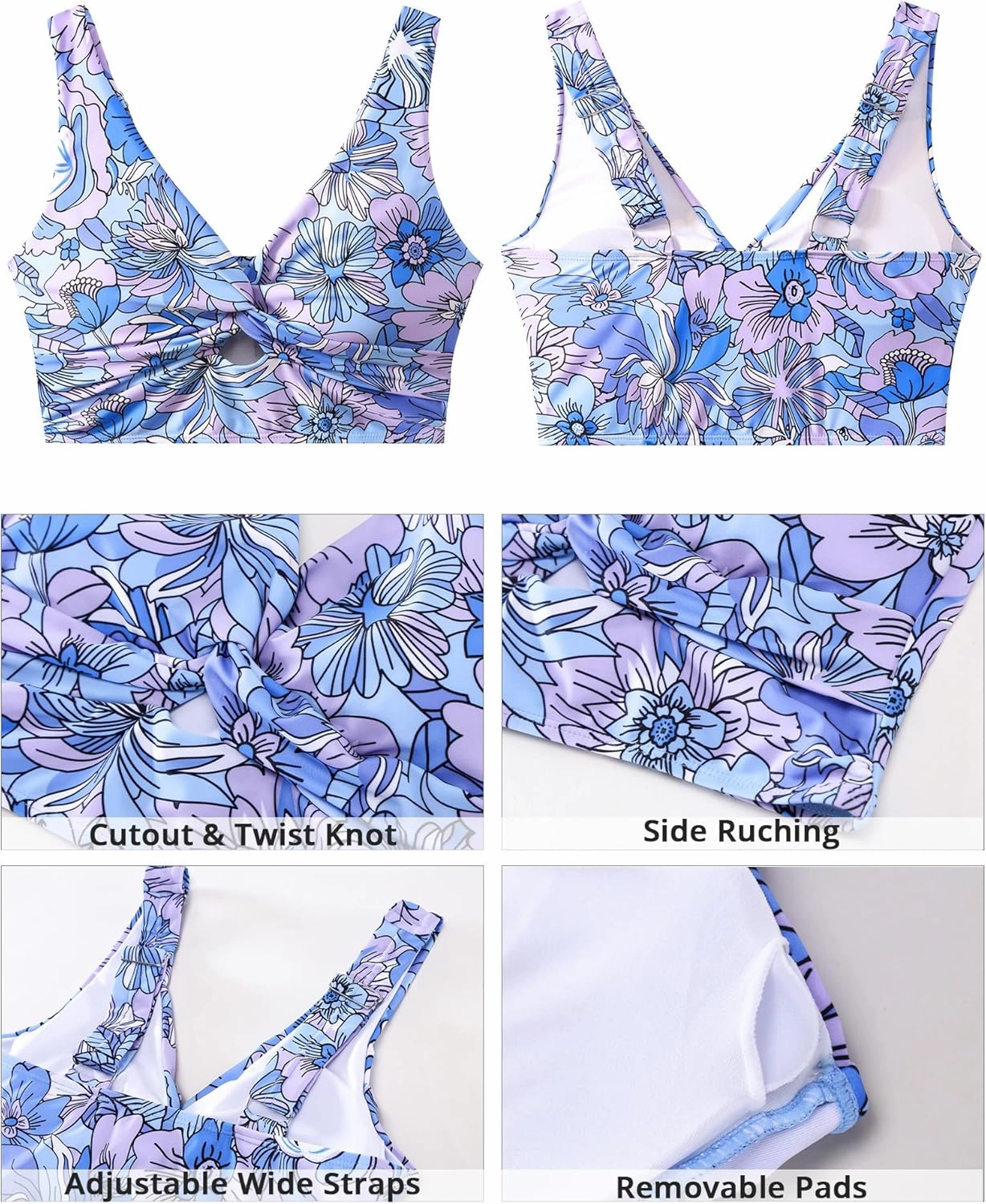 GRAPENT Bikini Tops for Women Cropped Tankini Tops Floral Printed Beach Padded Knot Twist Cut Out Bathing Suit Top Only