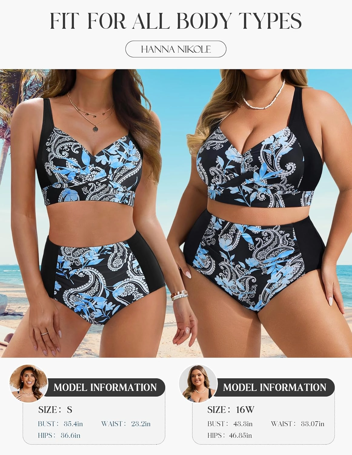 Hanna Nikole Womens High Waisted Bikini Sets Tummy Control Swimsuit Ruched Two Piece Bathing Suit