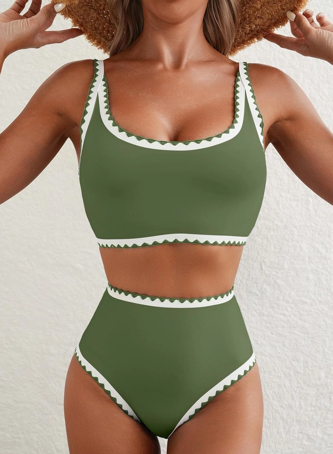Herseas Women's Bikini Sets Floral Print Whip Stitch 2 Piece Swimsuits High Waisted Scoop Bathing Suits