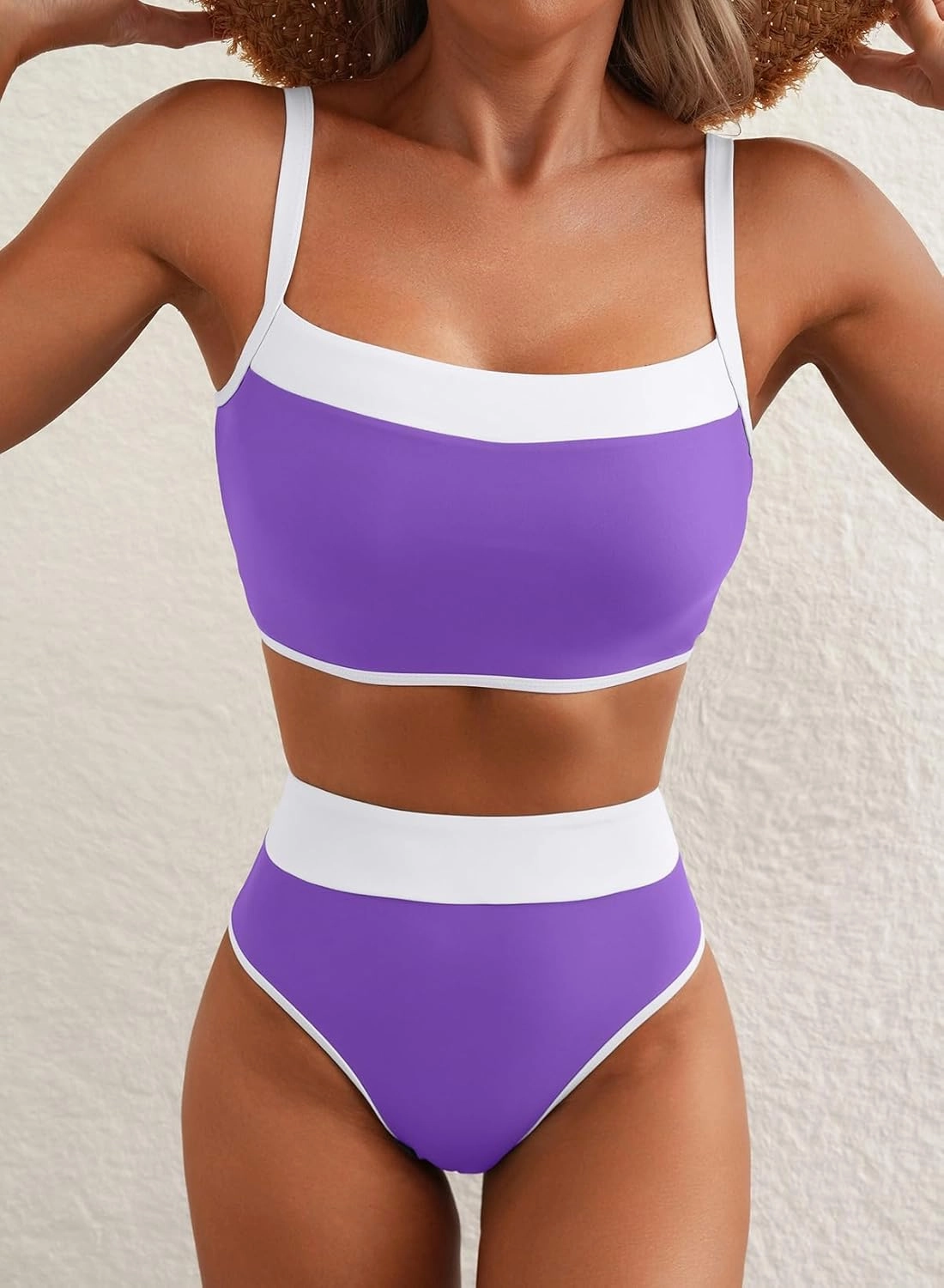 Herseas Women's Two Tone Patchwork Bikini Sets U Neck Swimsuit High Waisted Bathing Suit