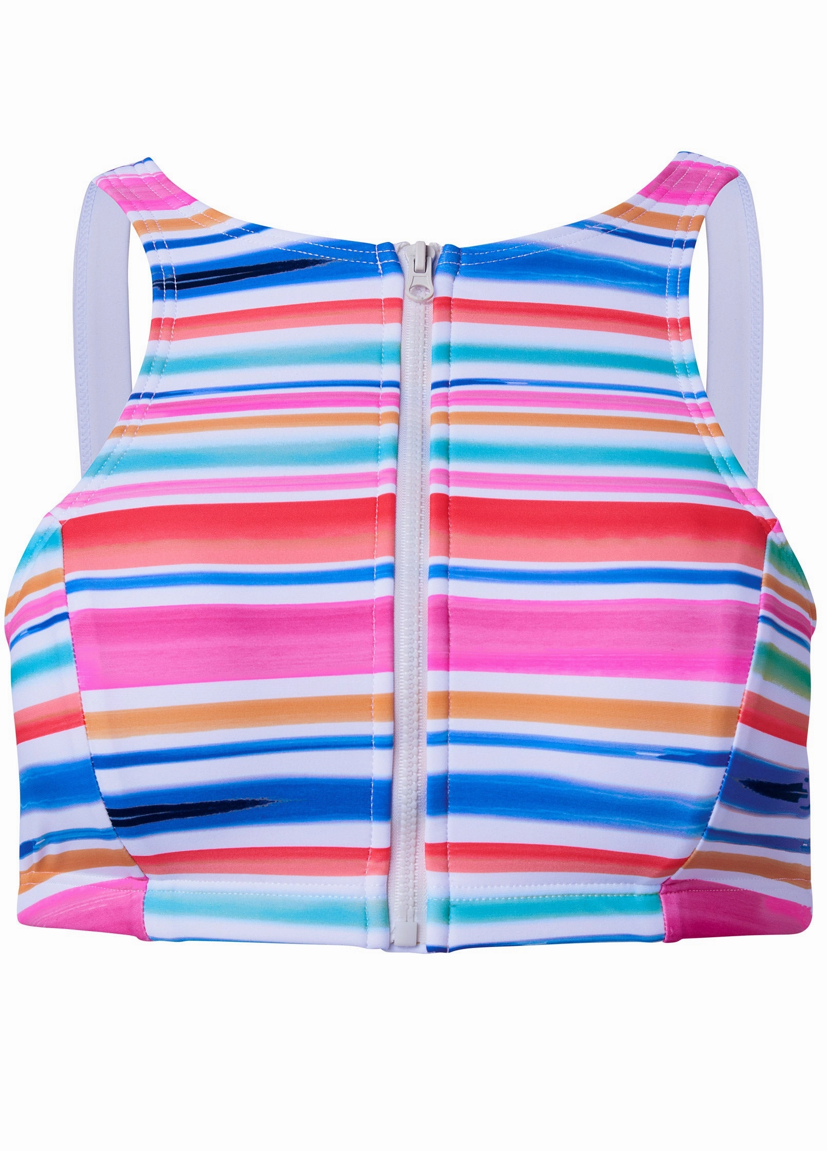 High-Neck Zip-Up Bikini Top - Rainbow Stripes