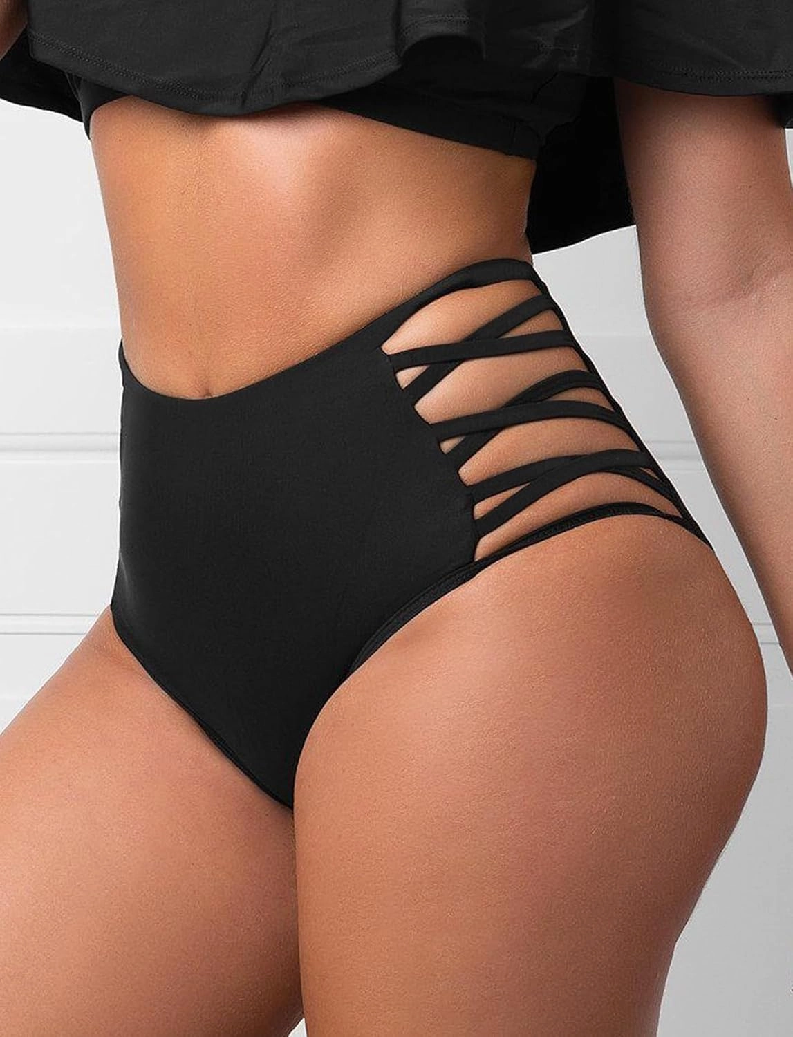 High Waisted Bikini Bottoms for Women Tummy Control Retro Black Full Coverage Strappy Bathing Suit Bottoms