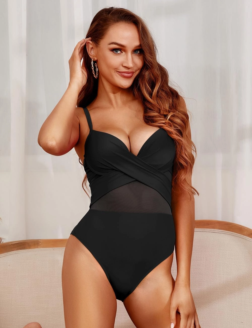 Hilor Underwire One Piece Swimsuits for Women Sexy Cutout Mesh Criss Cross Push Up Bathing Suits