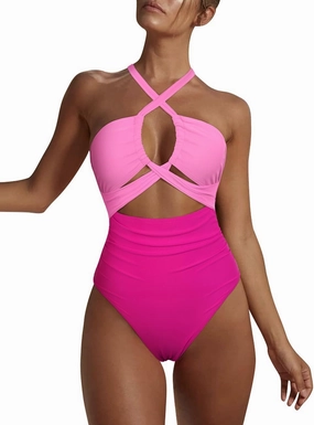 Hilor Women's One Piece Swimsuit Sexy Cutout Halter Bathing Suits Crossover High Cut Monokini Swimwear