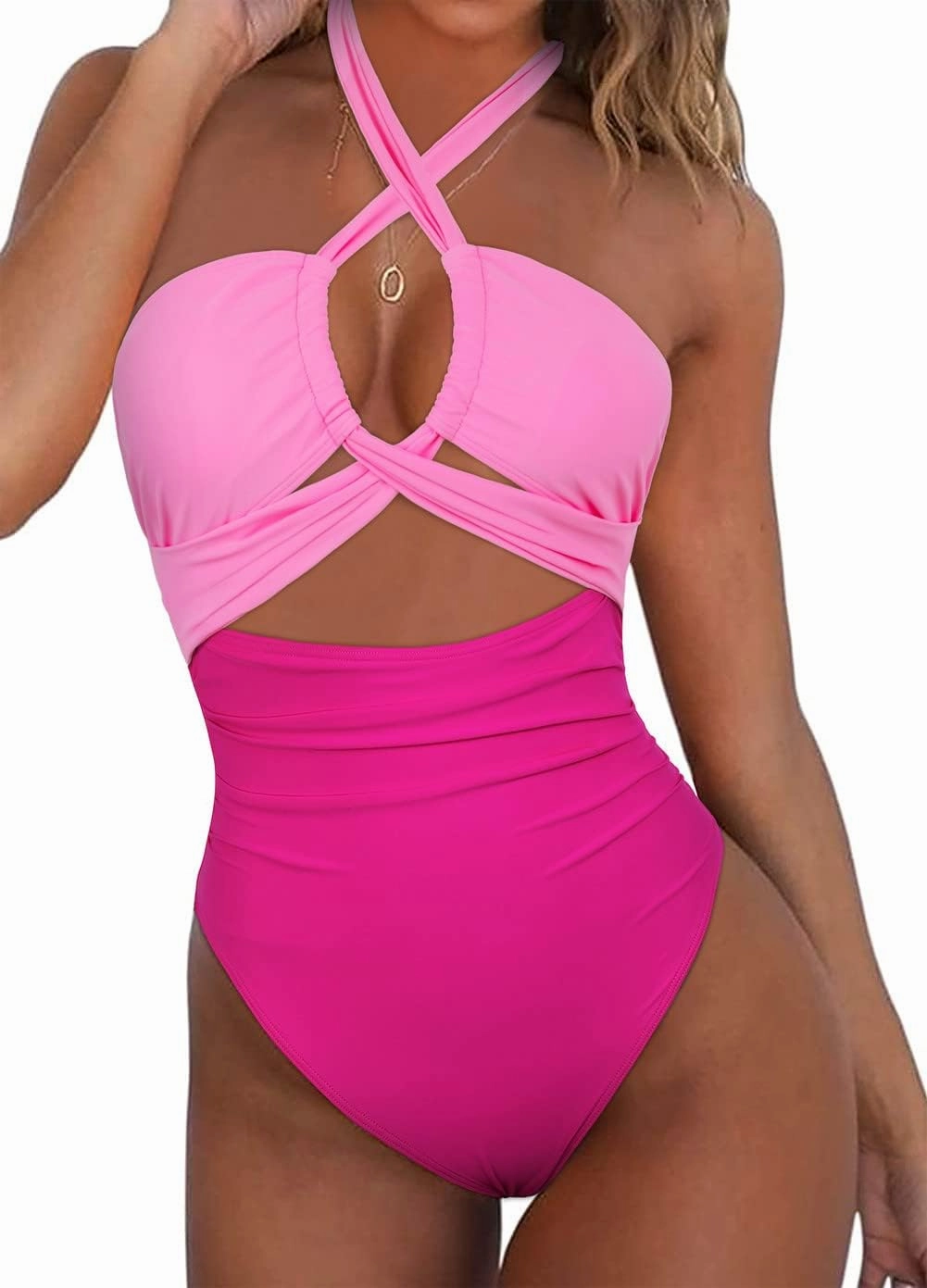 Hilor Women's One Piece Swimsuit Sexy Cutout Halter Bathing Suits Crossover High Cut Monokini Swimwear