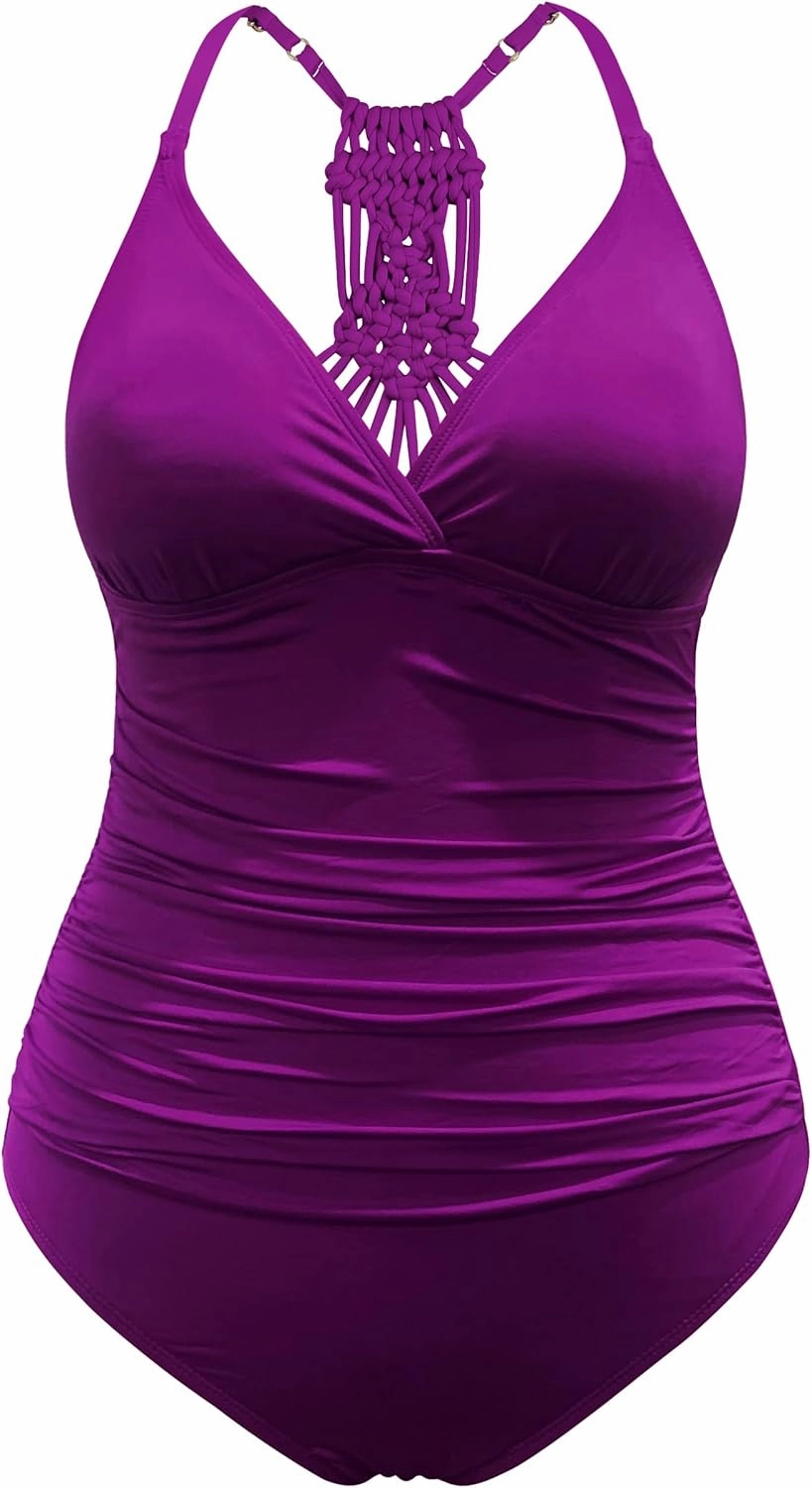 Hilor Women's Tummy Control One Piece Swimsuits Halter V Neck Push Up Slimming Bathing Suits Ruched Swimwear