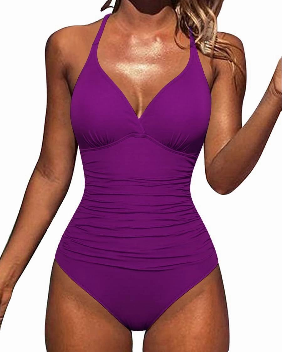 Hilor Women's Tummy Control One Piece Swimsuits Halter V Neck Push Up Slimming Bathing Suits Ruched Swimwear