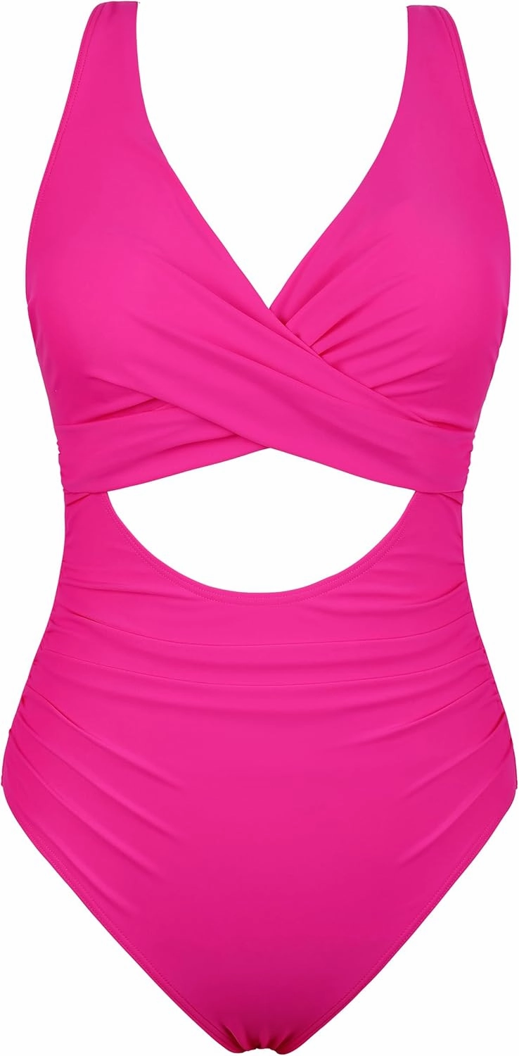 Hilor Women's Underwire One Piece Swimsuits Cross V Neck Swimwear Sexy Cut Out Bathing Suit Monokinis