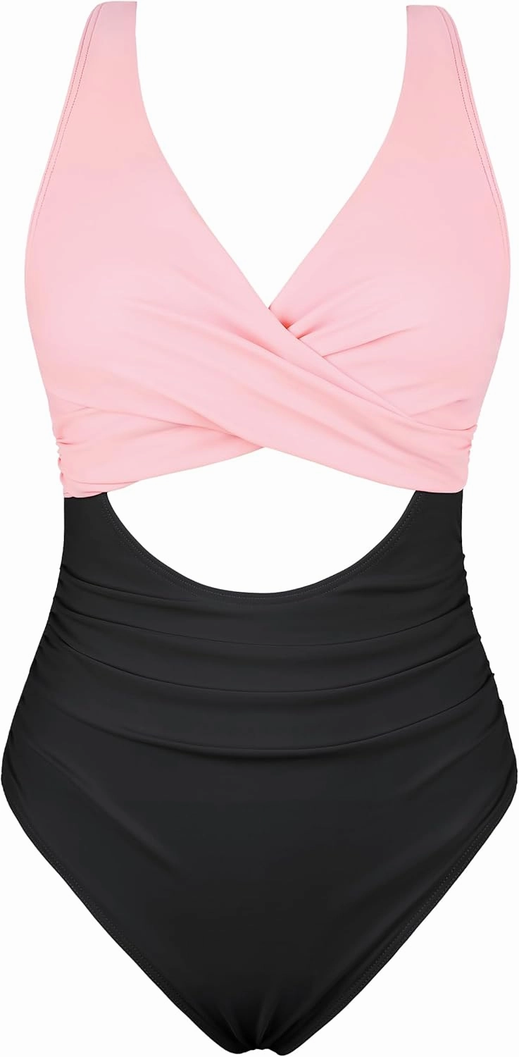 Hilor Women's Underwire One Piece Swimsuits Cross V Neck Swimwear Sexy Cut Out Bathing Suit Monokinis