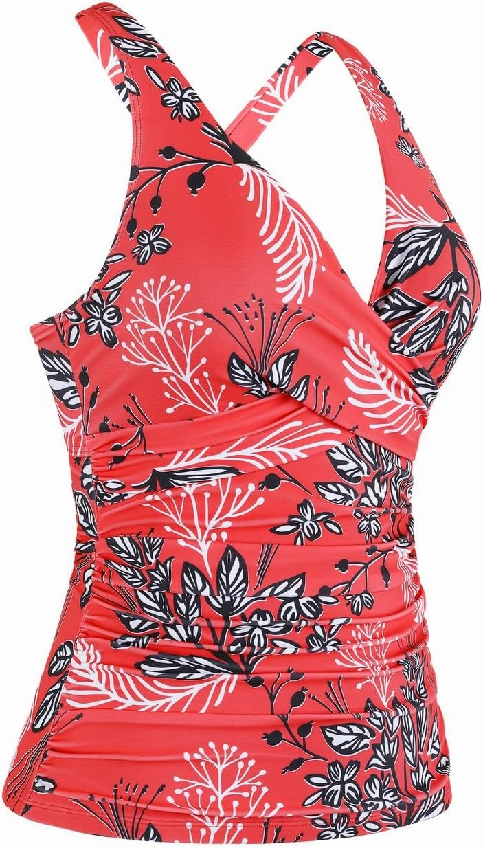Hilor Women's Underwire Tankini Top Tummy Control Bathing Suits Sexy V Neck Crossover Swim Top Only