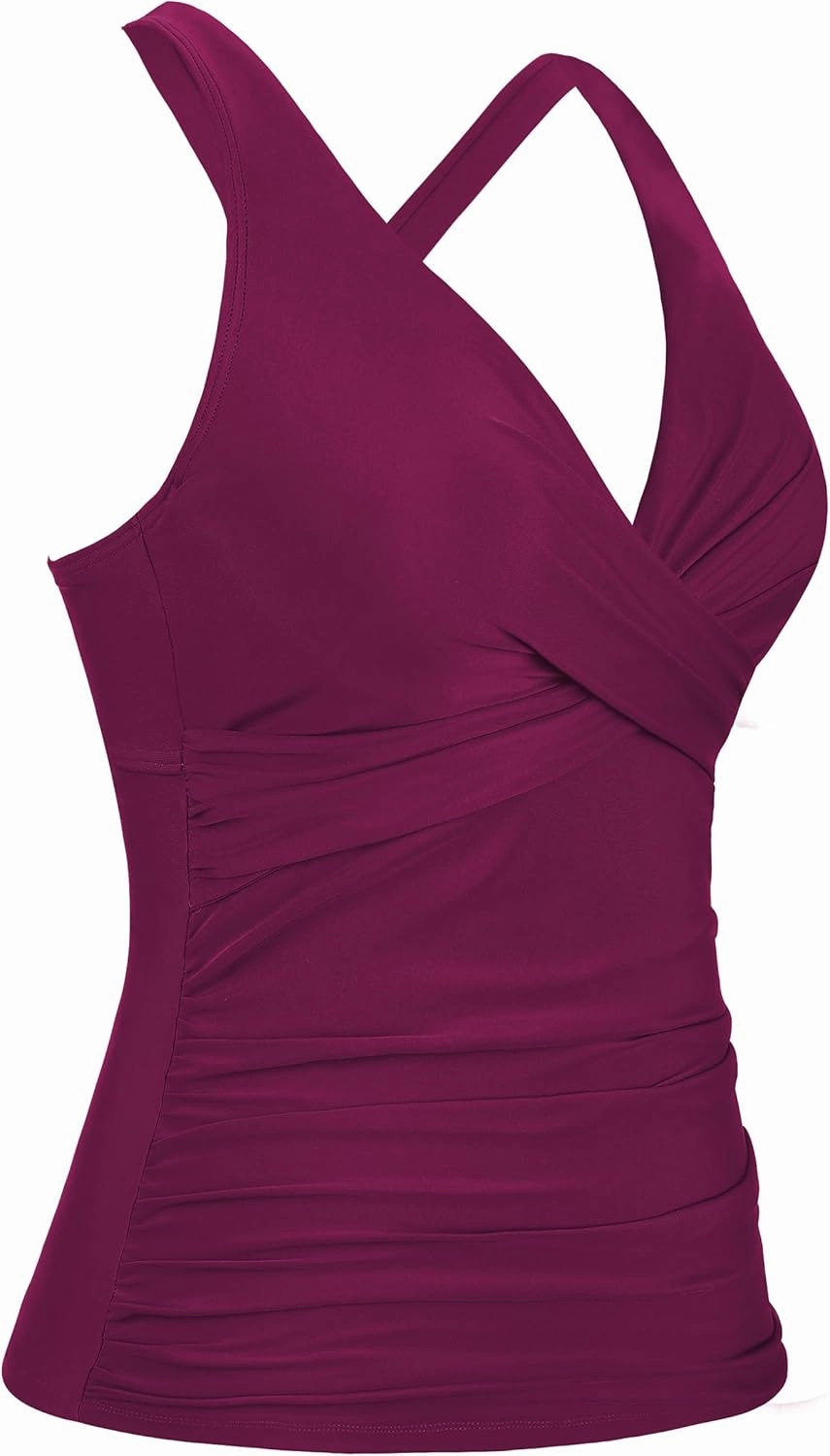 Hilor Women's Underwire Tankini Top Tummy Control Bathing Suits Sexy V Neck Crossover Swim Top Only