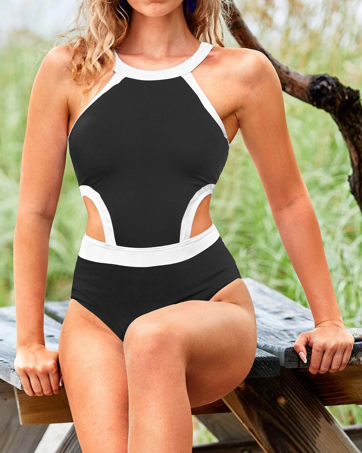 Holipick Women's One Piece Swimsuit Cutout High Neck Bathing Suits Tummy Control Swimwear for Teen Girls