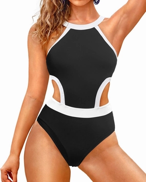 Holipick Women's One Piece Swimsuit Cutout High Neck Bathing Suits Tummy Control Swimwear for Teen Girls
