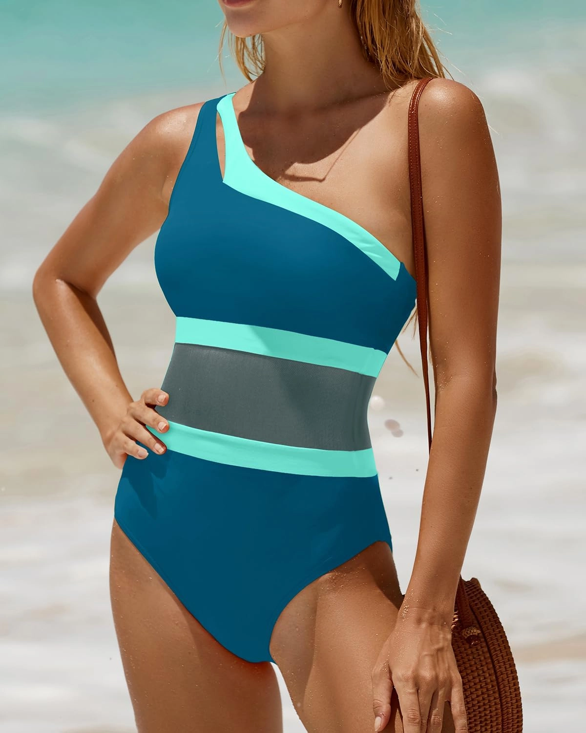 Holipick Women's One Shoulder One Piece Swimsuit Cutout Bathing Suits Mesh Slimming Swimwear for Teen Girls