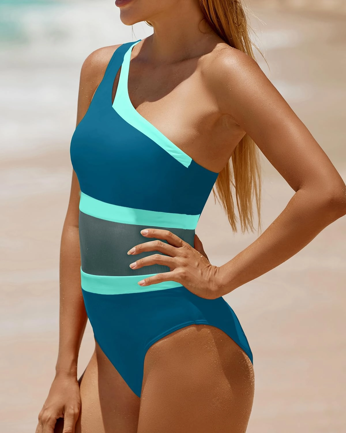 Holipick Women's One Shoulder One Piece Swimsuit Cutout Bathing Suits Mesh Slimming Swimwear for Teen Girls