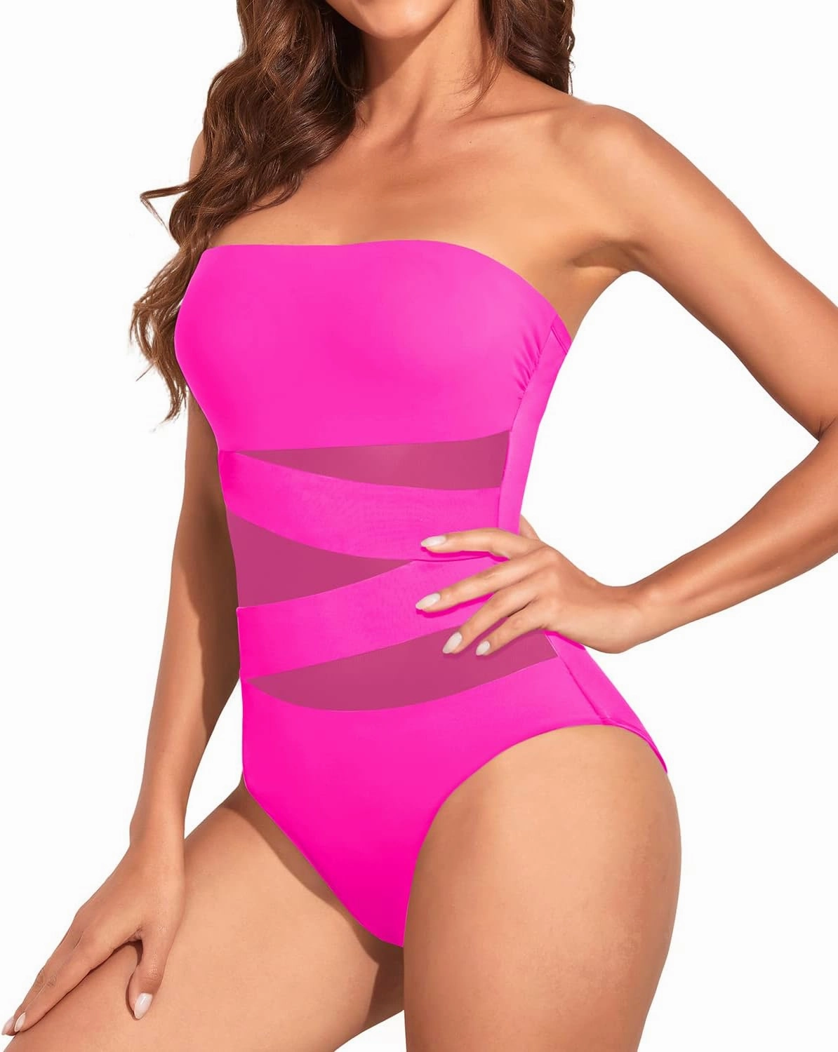 Holipick Women Strapless Bandeau One Piece Swimsuits Sexy Mesh Cutout Bathing Suits Tummy Control Swimwear